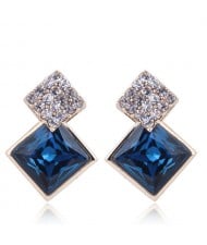 Czech Rhinestone and Glass Square Fashion Elegant Costume Earrings - Blue