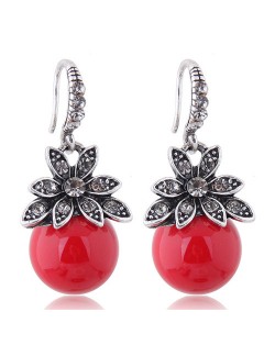 Czech Rhinestone Embellished Flower Pearl Fashion Costume Earrings - Red