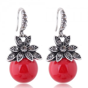 Czech Rhinestone Embellished Flower Pearl Fashion Costume Earrings - Red