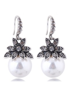 Czech Rhinestone Embellished Flower Pearl Fashion Costume Earrings - White