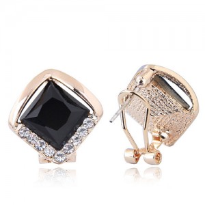 Czech Rhinestone Embellished Glass Square High Fashion Women Ear Clips - Black