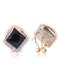 Czech Rhinestone Embellished Glass Square High Fashion Women Ear Clips - Black