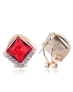 Czech Rhinestone Embellished Glass Square High Fashion Women Ear Clips - Red