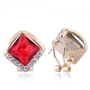 Czech Rhinestone Embellished Glass Square High Fashion Women Ear Clips - Red
