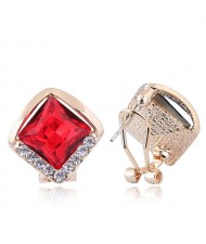 Czech Rhinestone Embellished Glass Square High Fashion Women Ear Clips - Red