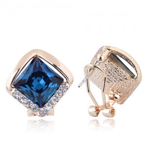 Czech Rhinestone Embellished Glass Square High Fashion Women Ear Clips - Blue