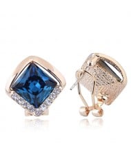 Czech Rhinestone Embellished Glass Square High Fashion Women Ear Clips - Blue
