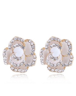 Czech Rhinestone Decorated 3D Flower Alloy Women Statement Earrings - White