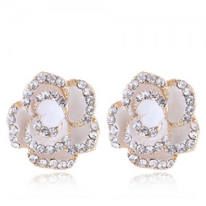 Czech Rhinestone Decorated 3D Flower Alloy Women Statement Earrings - White