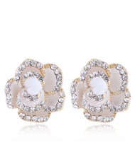 Czech Rhinestone Decorated 3D Flower Alloy Women Statement Earrings - White