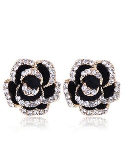 Czech Rhinestone Decorated 3D Flower Alloy Women Statement Earrings - Black