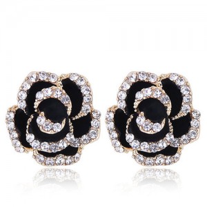Czech Rhinestone Decorated 3D Flower Alloy Women Statement Earrings - Black