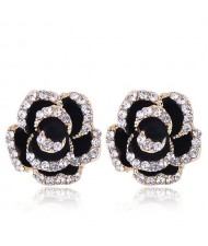 Czech Rhinestone Decorated 3D Flower Alloy Women Statement Earrings - Black