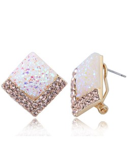 Czech Rhinestone Embellished Resin Square Shining High Fashion Earrings - White