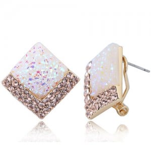Czech Rhinestone Embellished Resin Square Shining High Fashion Earrings - White