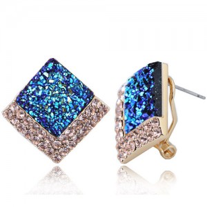 Czech Rhinestone Embellished Resin Square Shining High Fashion Earrings - Blue