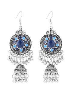 Oil-spot Glazed Vintage Waterdrops with Bells Tassel Design Women Costume Earrings - Royal Blue