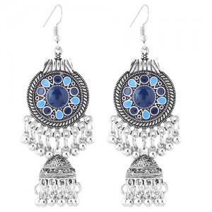 Oil-spot Glazed Vintage Waterdrops with Bells Tassel Design Women Costume Earrings - Royal Blue