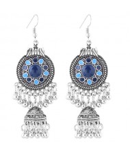 Oil-spot Glazed Vintage Waterdrops with Bells Tassel Design Women Costume Earrings - Royal Blue