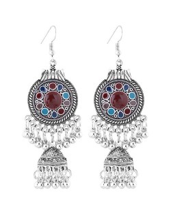 Oil-spot Glazed Vintage Waterdrops with Bells Tassel Design Women Costume Earrings - Multicolor