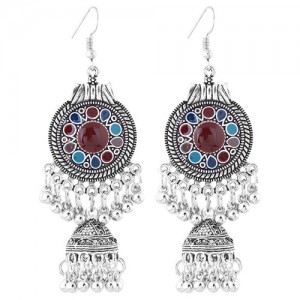 Oil-spot Glazed Vintage Waterdrops with Bells Tassel Design Women Costume Earrings - Multicolor