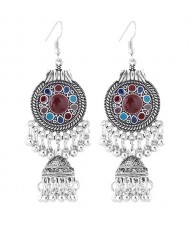 Oil-spot Glazed Vintage Waterdrops with Bells Tassel Design Women Costume Earrings - Multicolor