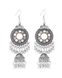 Oil-spot Glazed Vintage Waterdrops with Bells Tassel Design Women Costume Earrings - White