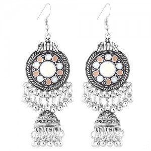 Oil-spot Glazed Vintage Waterdrops with Bells Tassel Design Women Costume Earrings - White