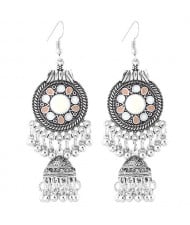 Oil-spot Glazed Vintage Waterdrops with Bells Tassel Design Women Costume Earrings - White