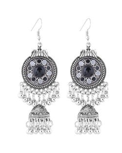 Oil-spot Glazed Vintage Waterdrops with Bells Tassel Design Women Costume Earrings - Black