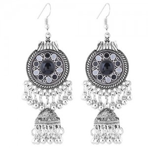 Oil-spot Glazed Vintage Waterdrops with Bells Tassel Design Women Costume Earrings - Black