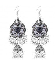 Oil-spot Glazed Vintage Waterdrops with Bells Tassel Design Women Costume Earrings - Black