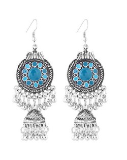 Oil-spot Glazed Vintage Waterdrops with Bells Tassel Design Women Costume Earrings - Blue