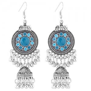 Oil-spot Glazed Vintage Waterdrops with Bells Tassel Design Women Costume Earrings - Blue