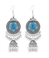 Oil-spot Glazed Vintage Waterdrops with Bells Tassel Design Women Costume Earrings - Blue