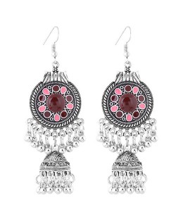 Oil-spot Glazed Vintage Waterdrops with Bells Tassel Design Women Costume Earrings - Red