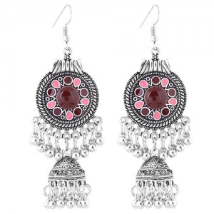 Oil-spot Glazed Vintage Waterdrops with Bells Tassel Design Women Costume Earrings - Red