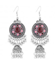 Oil-spot Glazed Vintage Waterdrops with Bells Tassel Design Women Costume Earrings - Red