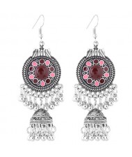 Oil-spot Glazed Vintage Waterdrops with Bells Tassel Design Women Costume Earrings - Red