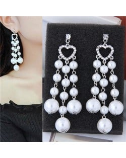 Rhinstone Embellished Heart Pearl Tassel Bold Fashion Women Statement Earrings