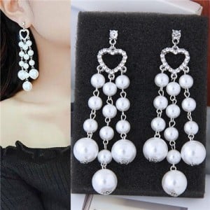 Rhinstone Embellished Heart Pearl Tassel Bold Fashion Women Statement Earrings