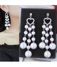 Rhinstone Embellished Heart Pearl Tassel Bold Fashion Women Statement Earrings