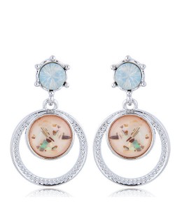 Rhinestone Embellished Dangling Hoop Korean High Fashion Earrings - Blue
