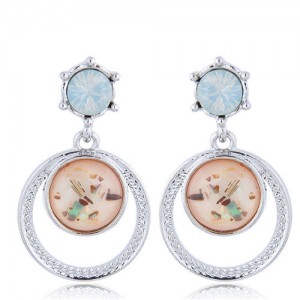 Rhinestone Embellished Dangling Hoop Korean High Fashion Earrings - Blue