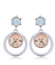 Rhinestone Embellished Dangling Hoop Korean High Fashion Earrings - Blue