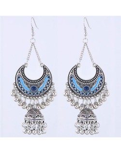 Oil-spot Glazed Vintage Moon with Bells Tassel Blod Style Fashion Earrings - Royal Blue