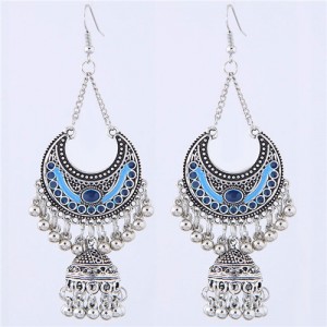 Oil-spot Glazed Vintage Moon with Bells Tassel Blod Style Fashion Earrings - Royal Blue