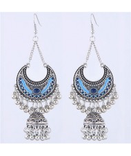 Oil-spot Glazed Vintage Moon with Bells Tassel Blod Style Fashion Earrings - Royal Blue