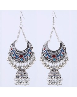 Oil-spot Glazed Vintage Moon with Bells Tassel Blod Style Fashion Earrings - Multicolor