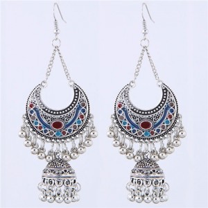 Oil-spot Glazed Vintage Moon with Bells Tassel Blod Style Fashion Earrings - Multicolor